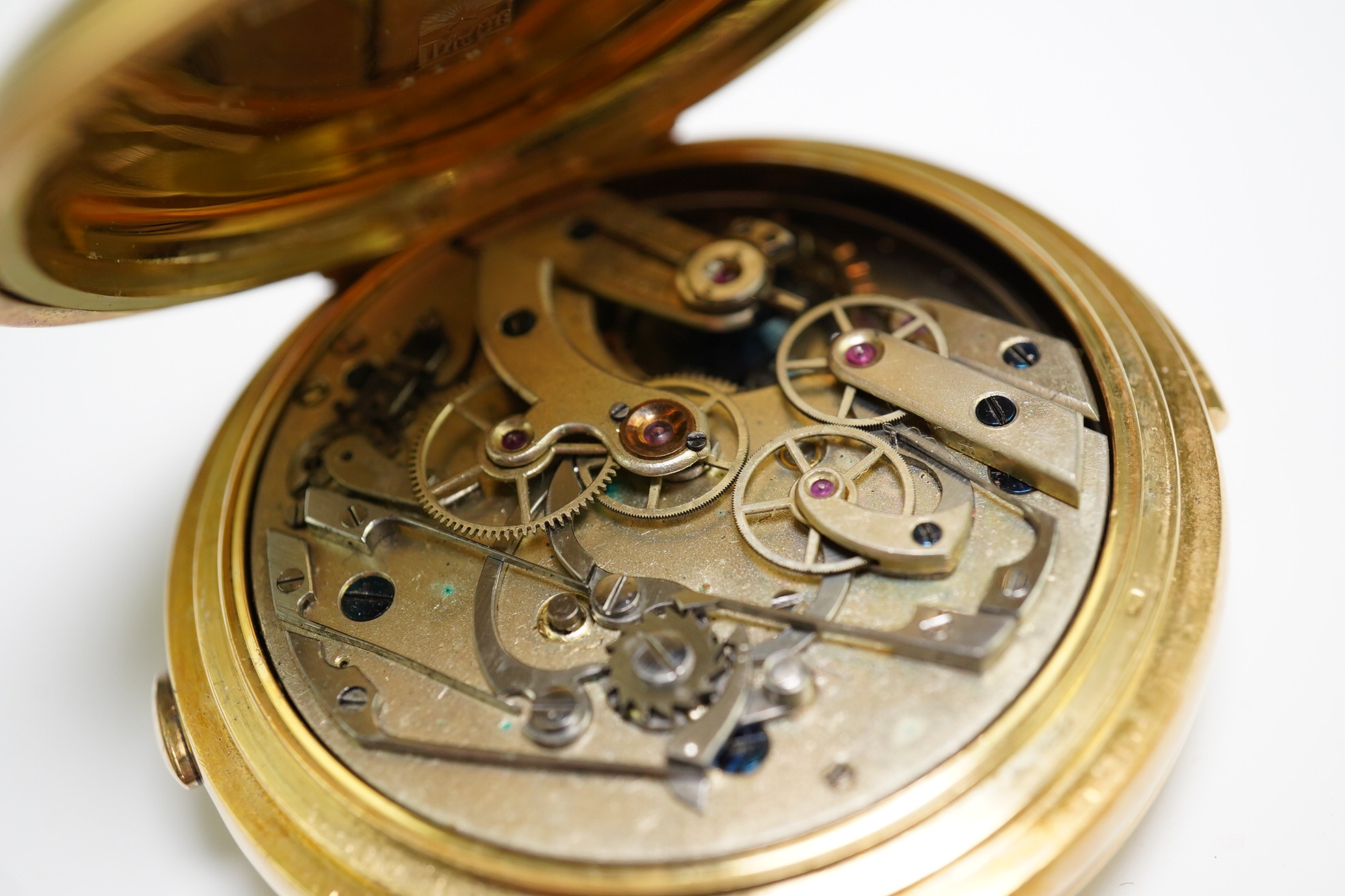 A Swiss 18k gold hunter repeating chronograph keyless pocket watch